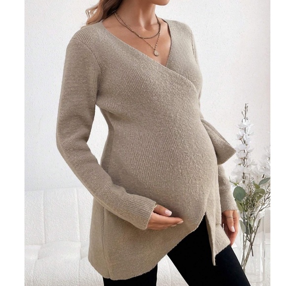 Maternity Burgundy Comfy Wrap Tie Sweater Top - Picture 5 of 8